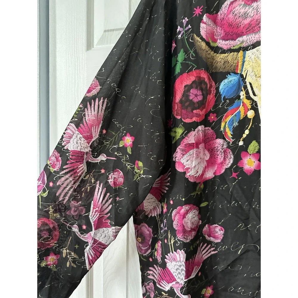 JOHNNY WAS Longhorn Skull 100% SILK SEMI SHEER Kimono Sz XL Birds Floral